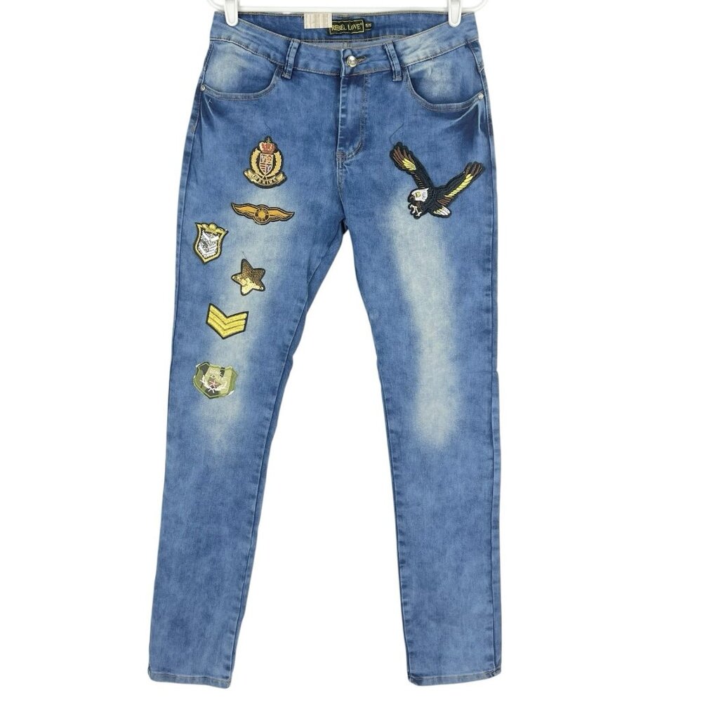 Rebel‎ Love Women's Patch Mid Wash Blue Skinny Stretch Jeans Size 15/16 NWT